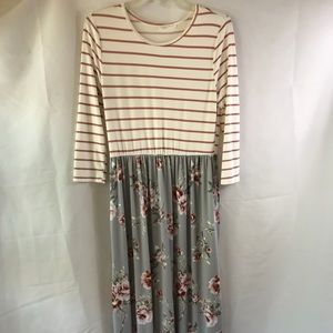 Rose Stripe Bodice Grey Floral Maxi Dress 1X 14